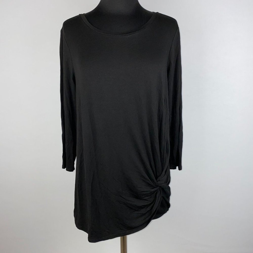 Westport M Black Gathered Front Accent Blouse Top 3/4 Sleeves Rayon Blend